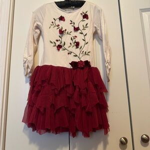 Biscotti Girls XL 7/8 Red Floral Tiered Tulle Long Sleeve Holiday Party Dress